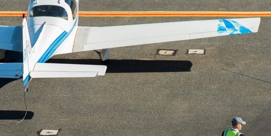 High angle image of small jet on Parafield runway